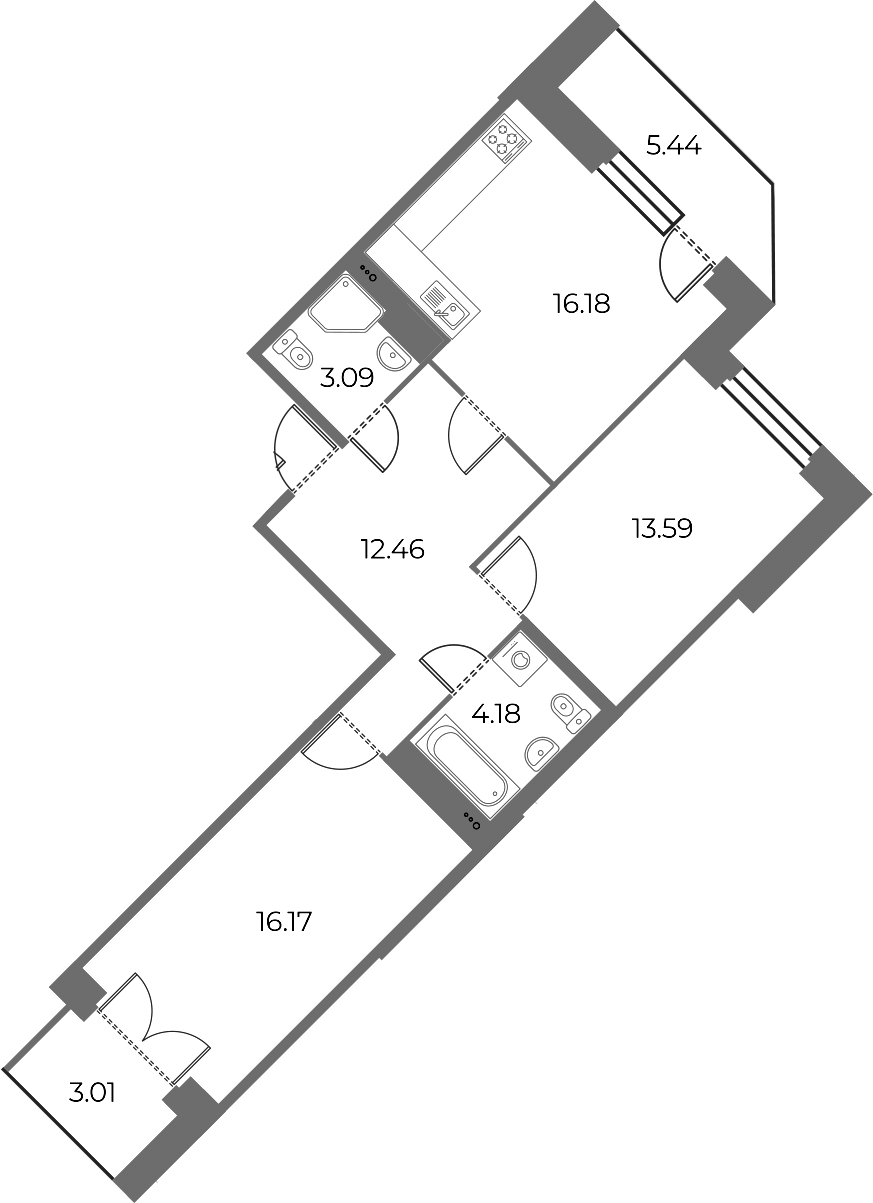 2-комнатная квартира 69.9 м², 16/20 эт., ЖК «Огни Залива»